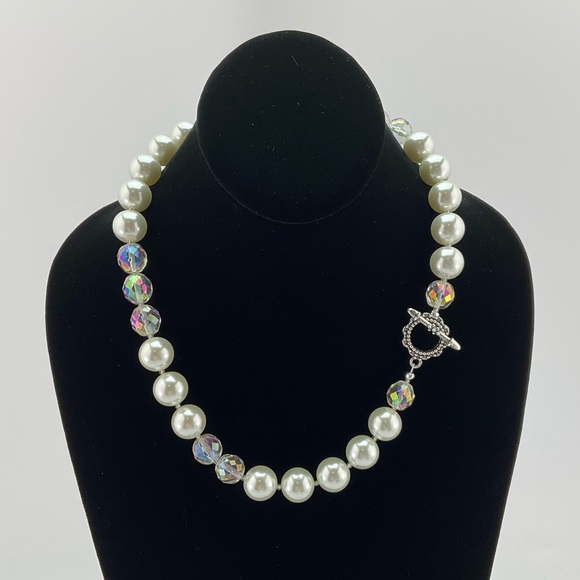 Swarovski White Crystal Pearl & Vtg Aurora Borealis Crystal Necklace & Earrings - Picture 9 of 15